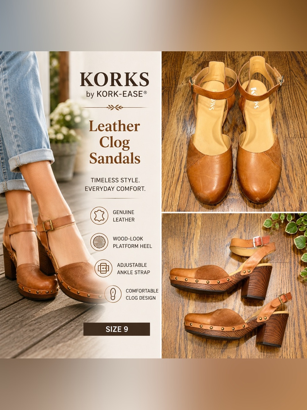 Korks by Kork-Ease Women's Leather Clog Sandals - Tan